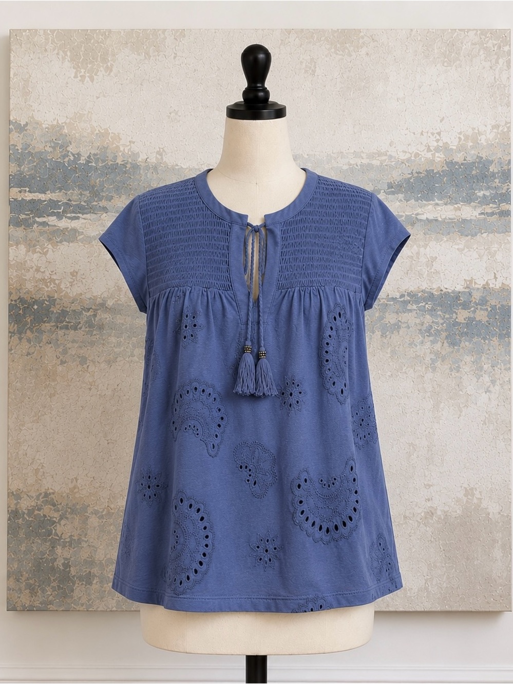 Daniel Rainn Periwinkle Blue Eyelet Cotton Blouse Smocked Tassel Top